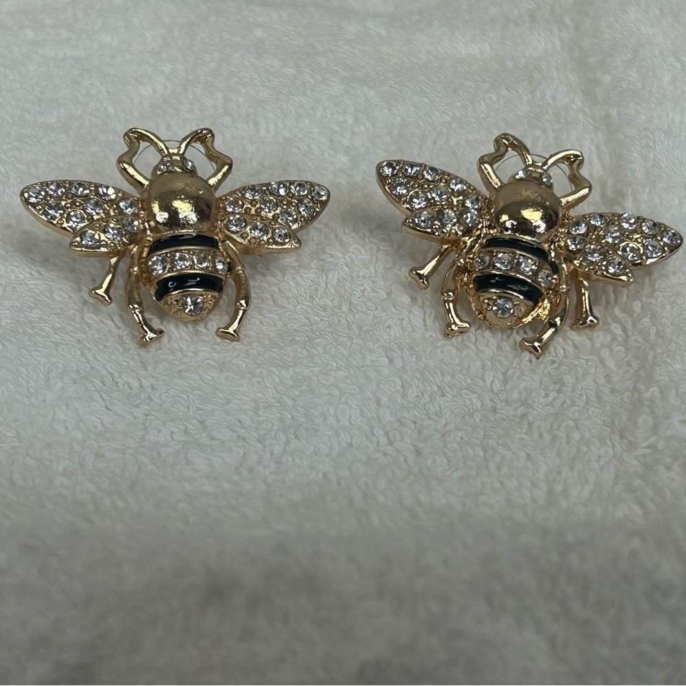 Large Bumblebee Gold‎ Black Bee Stud Earrings Rhinestone 1.5” Nature Glam Quirky